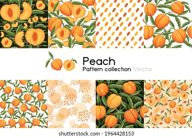 Pattern With Seamless Patterns Collection Of Whole And Sliced Peach With Leaves Or Not Vector Illustration On White Background