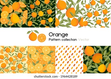 Pattern with seamless patterns collection of whole and chopped orange with leaves or not vector illustration on white background
