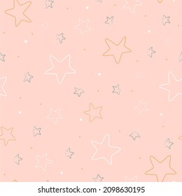 Pattern seamless picture with stars of white, yellow and blue color on a delicate pink background.