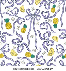 Pattern seamless pineapple, flower and bows isolated on transparent background.