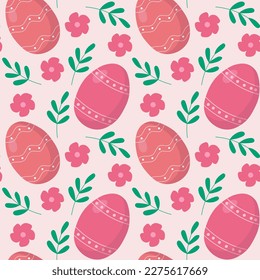 Pattern seamless with pink Easter eggs, flowers and brunches. Happy easter holiday elements. Spring easter pattern design for postcard, wrapping paper, textile, wallpaper.