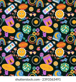 Pattern seamless. Pop art cool 90s abstract comic, funny print, fun 80s heart crazy, sticker cartoon retro. Decor textile, wrapping paper, wallpaper design. Vector fashion garish colorful background