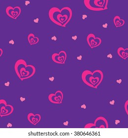 Pattern seamless. Purple background. Pink hearts.