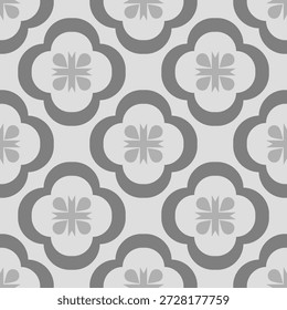 patrón, sin costuras, quatrefoil, tulipán, flor, floral, geométrico, morisco, arabesco, minimalista, moderno, Fondo de pantalla, fondo, textura, gris, blanco, pastel, Vector, ilustración, diseño, decorativo, adorno, azulejo, cerámica, simétrico, repetir, simple, elegante, clásico, vintage, retro, textil, tela, interior, decoración, superficie, gráfico, abstracto, motivo, botánico, suave, neutro, escandinavo, arquitectónico, forma, elemento, papel de embalaje, impresión, telón de fondo, artístico