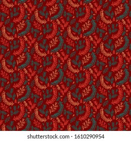 pattern seamless red green vivid color branch stem nature botanical garden leaves contrast inspired old detail dark background