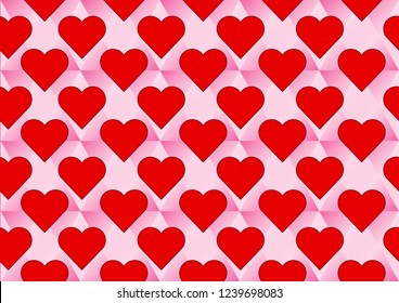 Pattern Seamless Red Hearts on a pink triangle  background. Vector Illustration