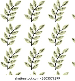The pattern is a seamless repeat of a botanical design featuring stylized leaf sprigs. Each sprig has several leaflets arranged along a stem, and they are oriented diagonally in alternating directions