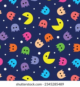 pattern seamless repeat nineties console joystick retro trend vintage millenniums geometry ghost maze octopus yellow colorful background backdrop wrapping print wallpaper video game over 90s 80