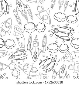 pattern seamless rocket stars and clouds contour vector coloring book isolate on white background graphics for kids space technology flight wallpaper print illustration
