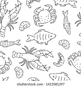 Pattern seamless sea products line doodle. Varieties marine food vector sketch black isolated illustration on white background.