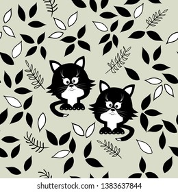 Pattern seamless seal leaves of branch black and white. Vector illustration for printing on fabric, textiles, cards, wallpaper, for children.