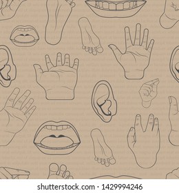 pattern seamless set of body parts is hand mouth ear foot. doodle hand drawing design style. vector illustration eps10