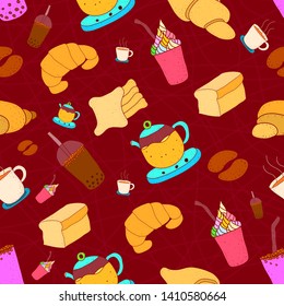 pattern seamless set of croissant and coffee. drawing flat colorful design vintage style. vector illustration eps10