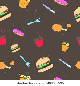 pattern seamless set of fast food and drink. no line shape flat pastel color design style. vector illustration eps10