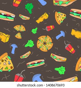 pattern seamless set of fast food and drink. no line shape flat pastel color design vintage style. vector illustration eps10