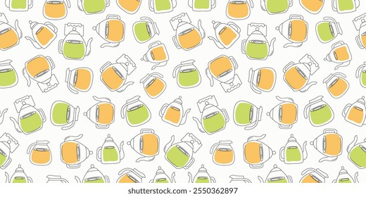 Patrón sin fisuras. Conjunto de teteras de cristal con té. Dibujos, garabatos. Té en teteras. Bebida caliente caliente caliente saludable. Temporada de invierno. Vector Plantilla repetida.