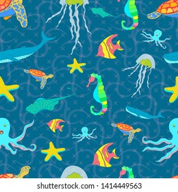 pattern seamless set of sea animal. world ocean day. doodle hand drawing colorful design style. vector illustration eps10
