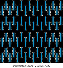 Padrão sem costura de listras curtas com círculo colorido. Padrão de linha em negrito no plano de fundo preto. Conceito de forma abstrata, simples, geométrica, na moda, retro para têxteis, envoltório, textura, impressão, vetor.