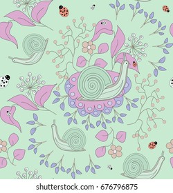 Pattern seamless of snails, flowers, ladybirds. Postelnye tone.For wallpaper, fabric, wrapping paper