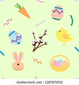 Pattern, seamless spring borders with easter eggs birds and rabbits