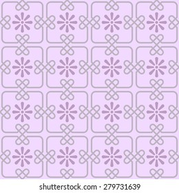 Pattern - Seamless pattern with square tiles joined by knots in hart shape and stylized flowers in pink. Repeating geometrical abstract background inspired by the portuguese pavement. Editable vector.