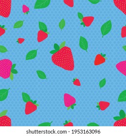 Patrón Fresa sin foco y hojas verdes con fondo de punto Polka azul. mejor para telas de patrón, marca, diseño conceptual, decoración, texturas, impresiones, papel tapizado, telas