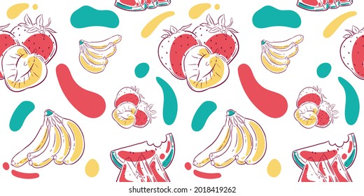 Pattern Seamless of Strawberry, Watermelon, banana. Line art and flat style. Best for background, branding, element design, visual concept, packaging, pattern, fabric, textile decoration, wallpapers