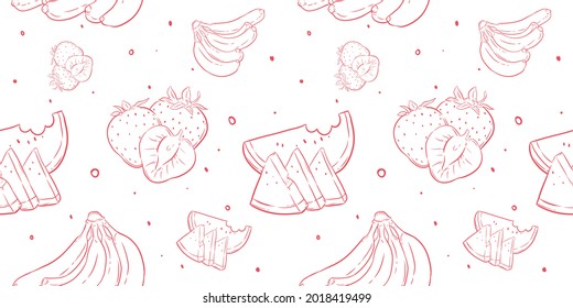 Pattern Seamless of Strawberry, Watermelon, banana. Line art and flat style. Best for background, branding, element design, visual concept, packaging, pattern, fabric, textile decoration, wallpapers