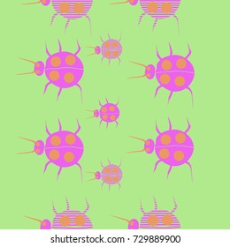 Pattern with  seamless  striped ladybugs. Hand drawn.