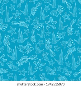 pattern seamless stylized fish starfish ocean day outline isolate stroke line sketch vector doodle children background textile print marine