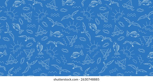 Pattern, seamless summer background. Sea, drawing, doodle. Vacation on the sea, ocean. Fish, ship, seagulls, sun. Summer vacation, travel. Linear hand drawn icons. 