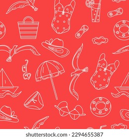 The pattern  seamless. Summer, beach. Cartoon attributes of rest on the sea and ocean. Swimsuit, drink in a glass, seagulls, sun. Set of vector summer holidays. Illustration on an isolated background.