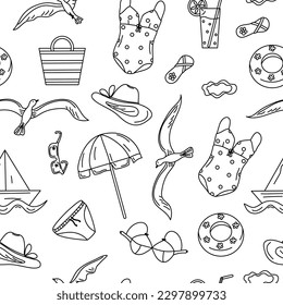 The pattern  seamless. Summer, beach. Cartoon attributes of rest on the sea and ocean. Swimsuit, drink in a glass, seagulls, sun. Set of vector summer holidays. Illustration on an isolated background.