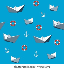 pattern seamless summer sea paper ship anchor lifebuoy