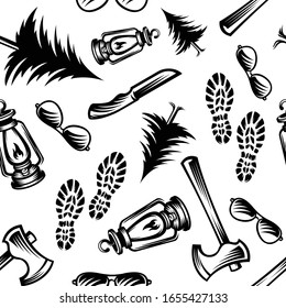 pattern seamless of sun glasses, pine tree, lantern, ax, knife, footprints of shoes in style vintage, retro, engraved. - vector illustrations