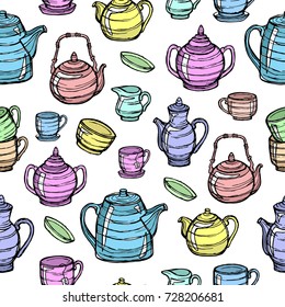 Pattern seamless tea and coffee kettles. Tea, coffee label set. Vintage kettle, teapot, cup, teacup, hot drink. Hand drawn vector illustration.Day of tea.Day of coffee.Design menu,cafe,restaurants.