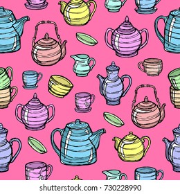 Pattern seamless tea and coffee kettles. Tea, coffee label set. Vintage kettle, teapot, cup, teacup, hot drink. Hand drawn vector illustration.Day of tea.Day of coffee.Design menu,cafe,restaurants.