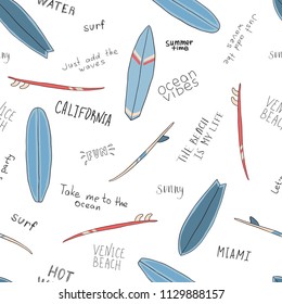 Pattern, seamless texture of blue surfboards with the words. Lettering. On white background. Hand drawn illustration. For textile, wallpaper, fabric etc.