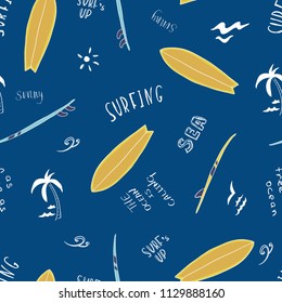 Pattern, seamless texture of blue surfboards with the words. Lettering. On white background. Hand drawn illustration. For textile, wallpaper, fabric etc.