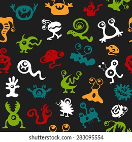 pattern seamless texture monsters UFO bacteria virus full color on black.