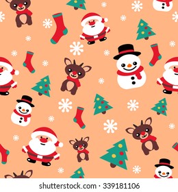pattern seamless texture with a snowman Christmas reindeer and Santa beige