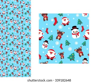 pattern seamless texture with a snowman Christmas reindeer and Santa blue with an example