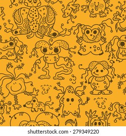 pattern seamless texture UFO alien monsters bacteria virus man black on orange.