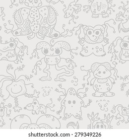 pattern seamless texture UFO alien monsters bacteria human viruses gray on white.