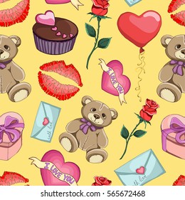 Pattern seamless texture vector for Valentine's Day on yellow background. Teddy bear, rose, gift, kiss, cake, letter, heart illustration. Happy Valentine's Day. I love you. Design,print,birthday.Eps10