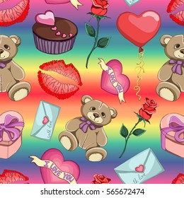 Pattern seamless texture vector for Valentine's Day on colorfull background. Teddy bear, rose, gift, kiss, cake, letter, heart illustration.Happy Valentine's Day.I love you.Design,print,birthday.Eps10