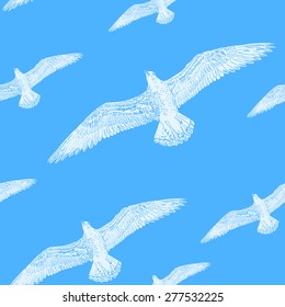 pattern seamless texture white seagull in the sky blue background.