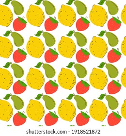 pattern seamless three element fruits. Colorful Fruity and tasty Sweets and candies. lemon, avocado, strawberry Vector Trendy illustration. Cartoon style. 