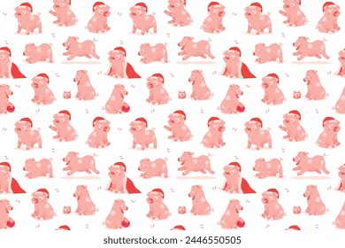 Pattern seamless tile background with cute pig in a Christmas hat and cloak. vector illustration