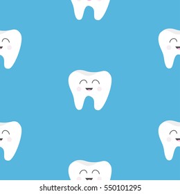 Pattern Seamless Tooth health. Cute funny cartoon smiling character. Oral dental hygiene. Children teeth care. Baby texture. Flat design. Blue background. Vector illustration.